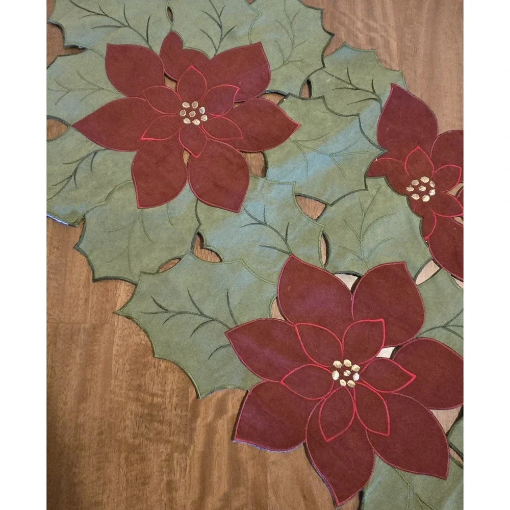 Signature Homestyles Christmas Poinsettia Holly Cutwork Table Runner 17